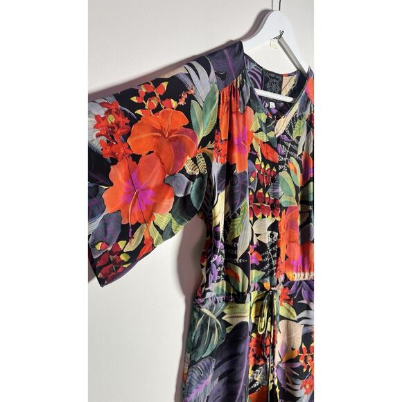 Johnny Was Jade Size XS Tropical Print Wide Leg Silk Button Up‎ Jumpsuit Romper - Picture 5 of 11